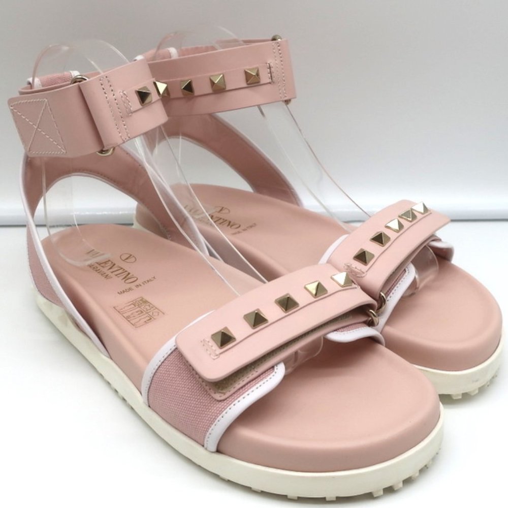 VALENTINO ROCKSTUD SPORT SANDALS PINK LEATHER & CANVAS SIZE 37